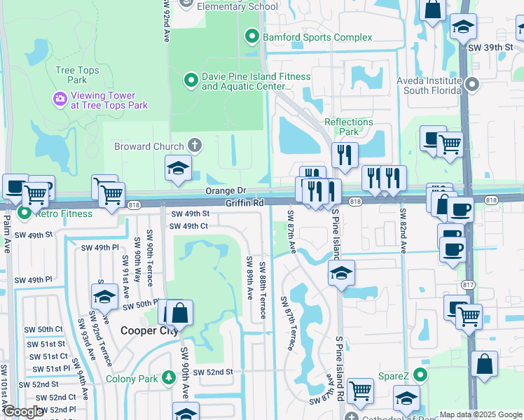 map of restaurants, bars, coffee shops, grocery stores, and more near 8809 Southwest 49th Street in Cooper City