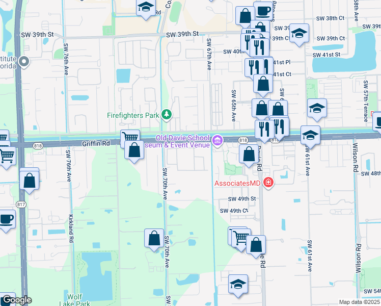 map of restaurants, bars, coffee shops, grocery stores, and more near 4671 Village Way in Davie