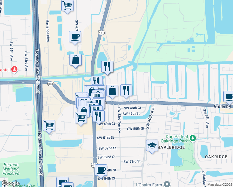 map of restaurants, bars, coffee shops, grocery stores, and more near 4741 Southwest 43rd Terrace in Fort Lauderdale