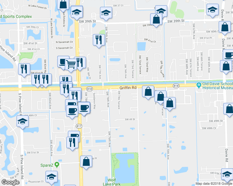 map of restaurants, bars, coffee shops, grocery stores, and more near 7432 Willow Grove Place in Davie