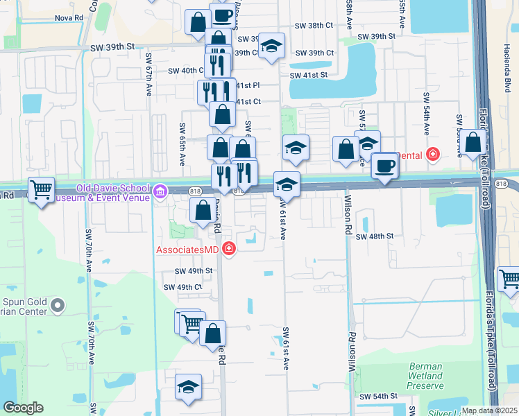 map of restaurants, bars, coffee shops, grocery stores, and more near 6221 Robert Lane in Davie