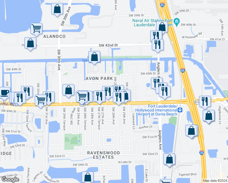 map of restaurants, bars, coffee shops, grocery stores, and more near 4651 Southwest 25th Terrace in Fort Lauderdale