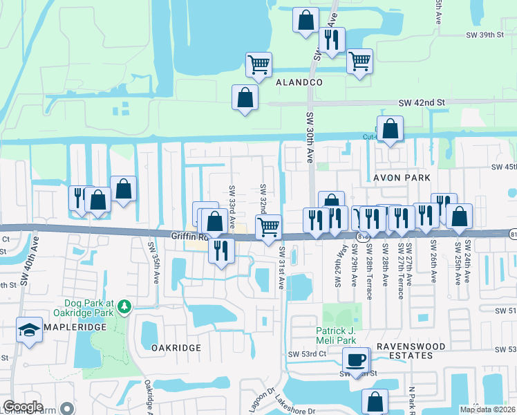 map of restaurants, bars, coffee shops, grocery stores, and more near 4648 Southwest 32nd Avenue in Fort Lauderdale