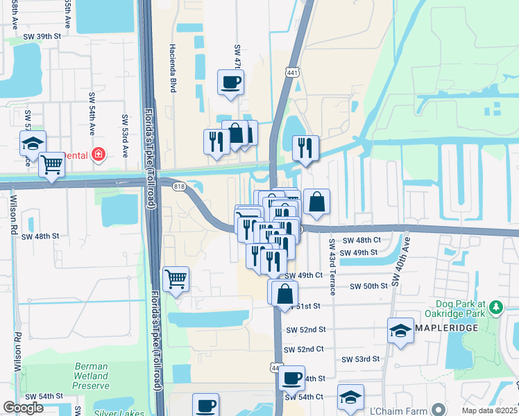 map of restaurants, bars, coffee shops, grocery stores, and more near 4726 Southwest 46th Terrace in Davie