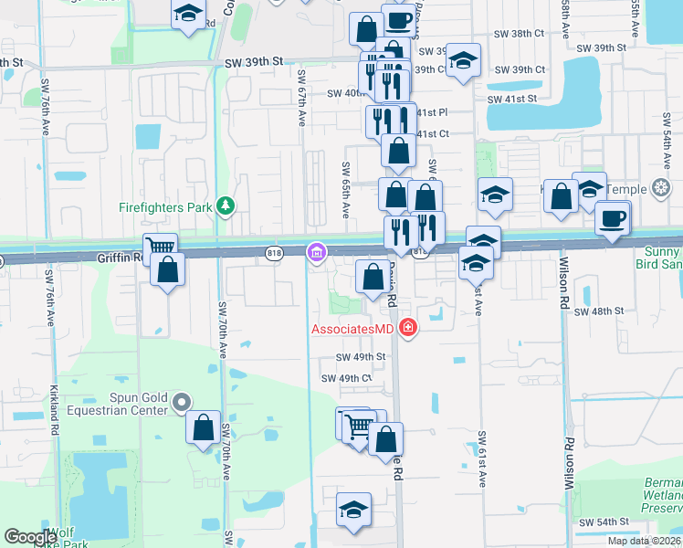 map of restaurants, bars, coffee shops, grocery stores, and more near 6590 Griffin Road in Davie
