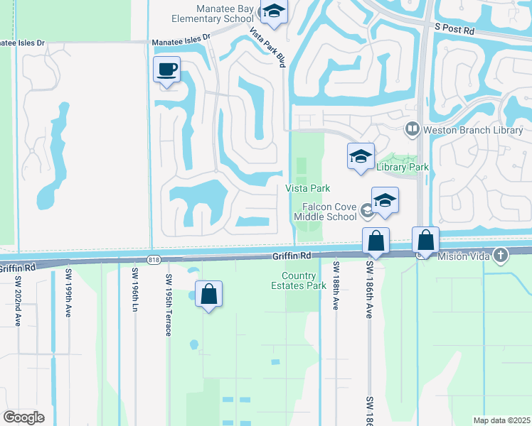map of restaurants, bars, coffee shops, grocery stores, and more near 19136 Crystal St in Weston