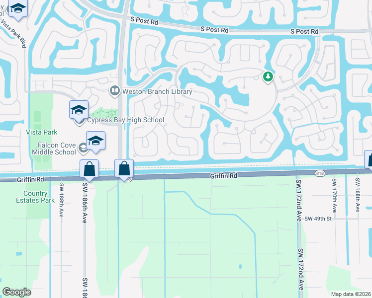map of restaurants, bars, coffee shops, grocery stores, and more near 4288 Greenbriar Lane in Weston