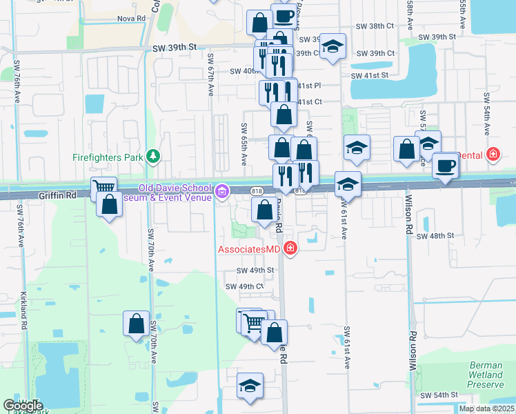 map of restaurants, bars, coffee shops, grocery stores, and more near 4589 Southwest 65th Avenue in Davie