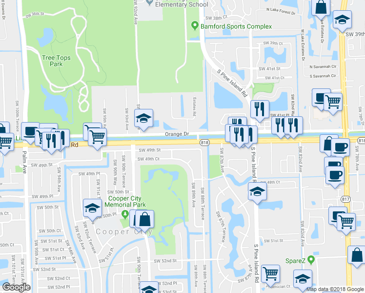 map of restaurants, bars, coffee shops, grocery stores, and more near 8869 Southwest 49th Street in Cooper City