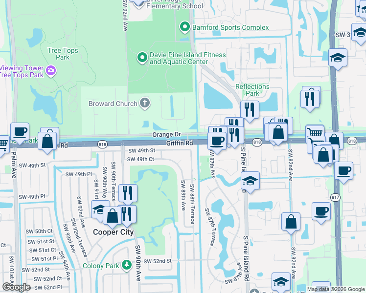map of restaurants, bars, coffee shops, grocery stores, and more near 8809 Southwest 49th Street in Cooper City