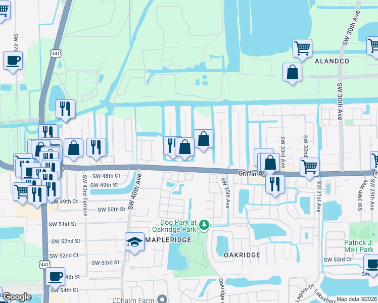map of restaurants, bars, coffee shops, grocery stores, and more near 3701 Southwest 47th Court in Fort Lauderdale