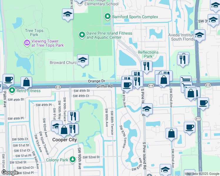 map of restaurants, bars, coffee shops, grocery stores, and more near 8809 Southwest 49th Street in Cooper City