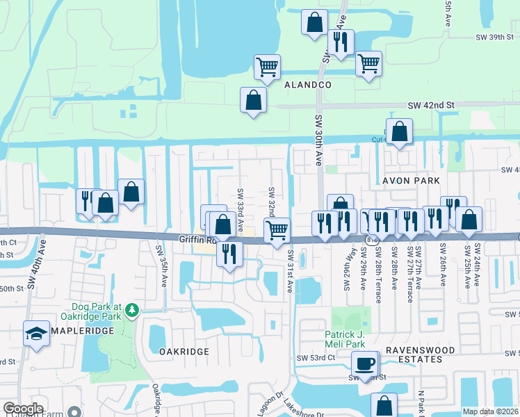 map of restaurants, bars, coffee shops, grocery stores, and more near 4680 Southwest 33rd Avenue in Fort Lauderdale