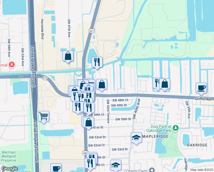 map of restaurants, bars, coffee shops, grocery stores, and more near 4741 Southwest 43rd Terrace in Fort Lauderdale