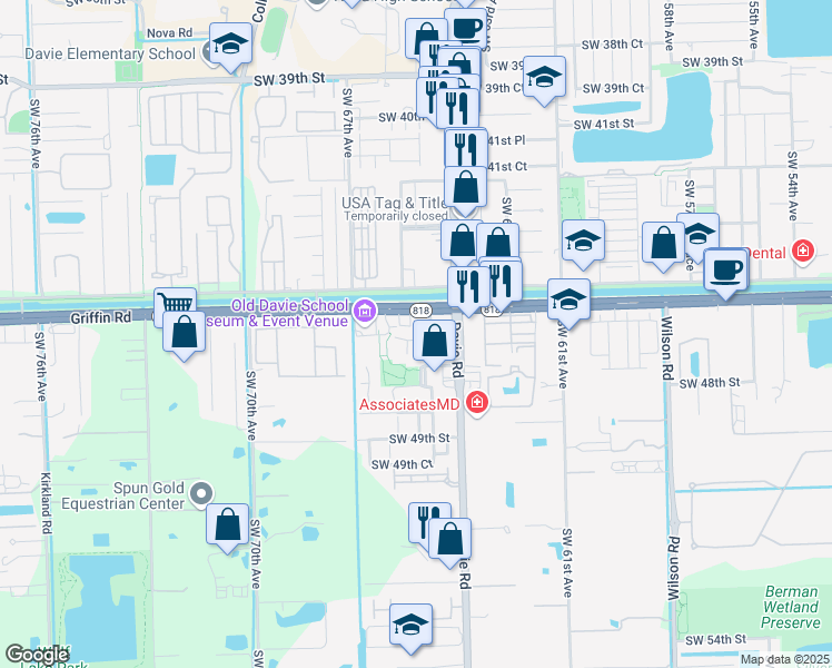 map of restaurants, bars, coffee shops, grocery stores, and more near 4589 Southwest 65th Avenue in Davie