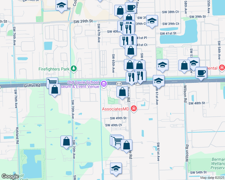 map of restaurants, bars, coffee shops, grocery stores, and more near 6590 Griffin Road in Davie