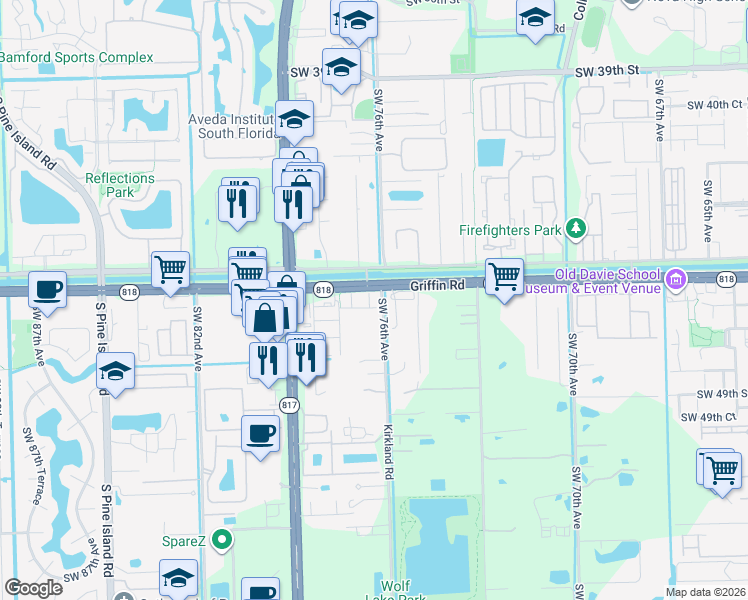 map of restaurants, bars, coffee shops, grocery stores, and more near 4652 Horseshoe Circle in Davie
