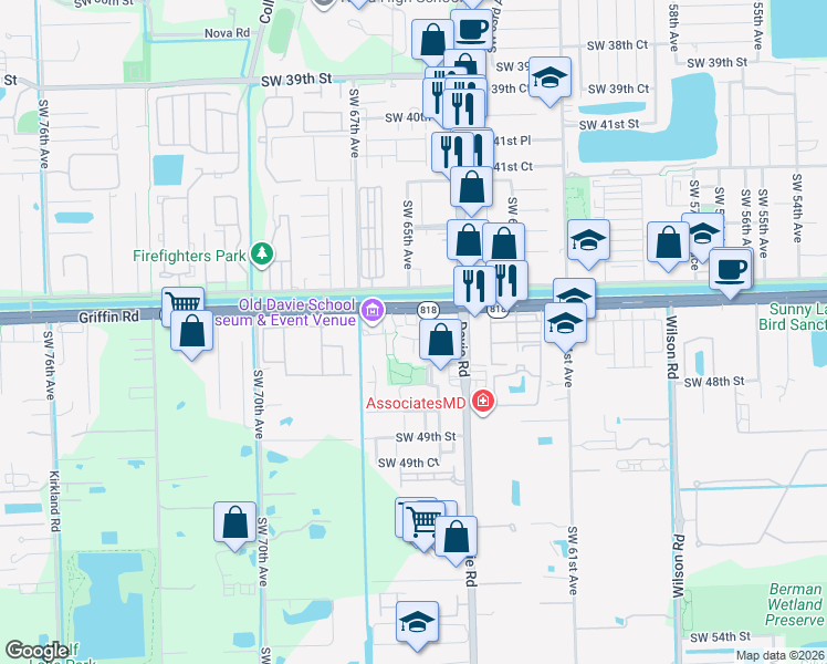 map of restaurants, bars, coffee shops, grocery stores, and more near 4589 Southwest 65th Avenue in Davie