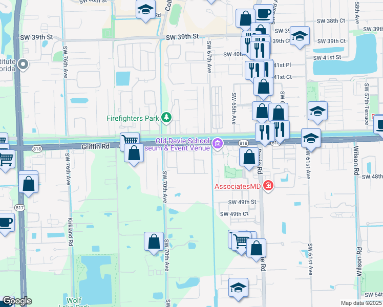 map of restaurants, bars, coffee shops, grocery stores, and more near 4657 Village Way in Davie