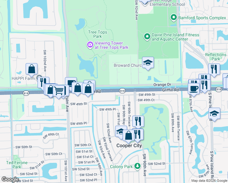 map of restaurants, bars, coffee shops, grocery stores, and more near 9440 Florida 818 in Cooper City