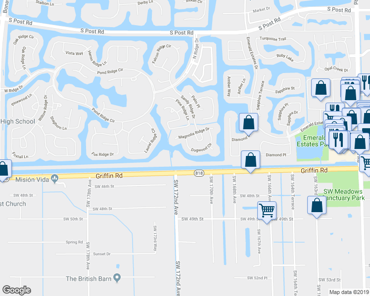 map of restaurants, bars, coffee shops, grocery stores, and more near 4337 Dogwood Circle in Weston