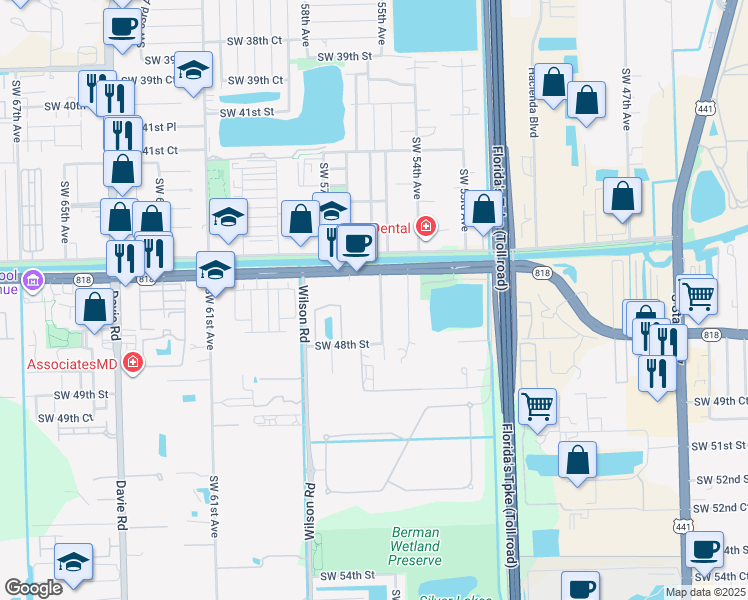 map of restaurants, bars, coffee shops, grocery stores, and more near 4521 Southwest 55th Avenue in Davie