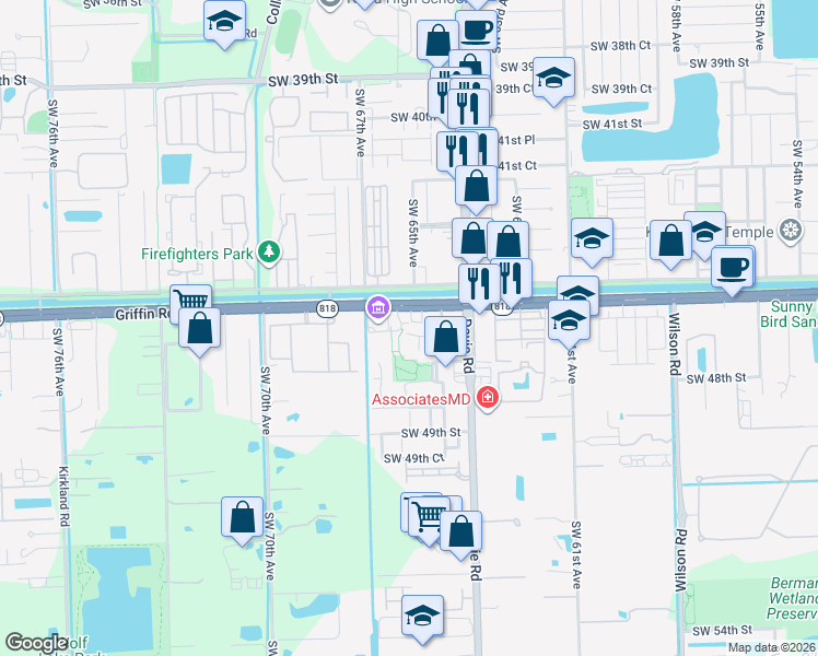 map of restaurants, bars, coffee shops, grocery stores, and more near 7291 Southwest 46th Street in Davie