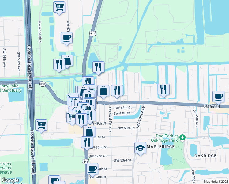map of restaurants, bars, coffee shops, grocery stores, and more near 4720 Southwest 43rd Avenue in Fort Lauderdale