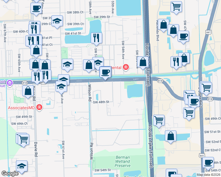map of restaurants, bars, coffee shops, grocery stores, and more near 4521 Southwest 55th Avenue in Davie