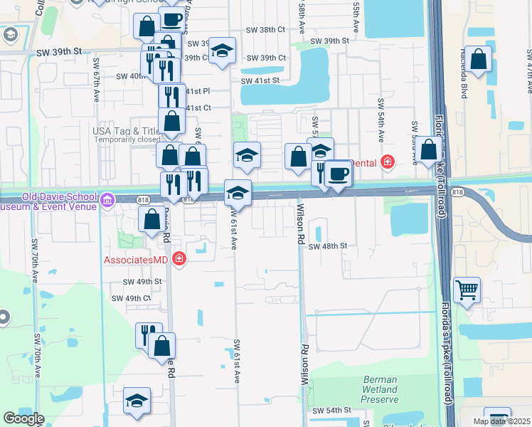map of restaurants, bars, coffee shops, grocery stores, and more near 4670 Santa Cruz Way in Davie