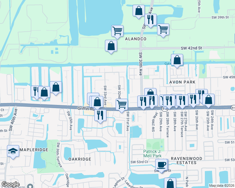 map of restaurants, bars, coffee shops, grocery stores, and more near 4648 Southwest 32nd Avenue in Fort Lauderdale