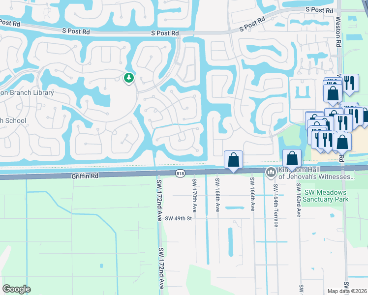map of restaurants, bars, coffee shops, grocery stores, and more near 4408 Dogwood Circle in Weston