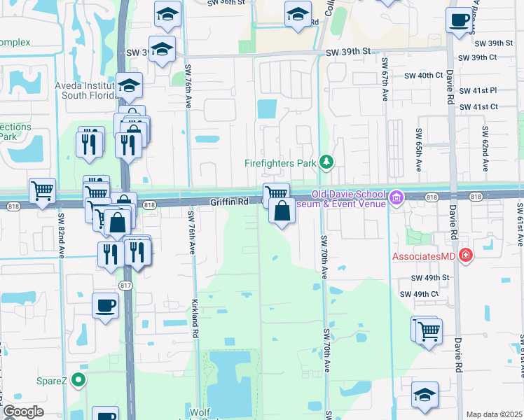 map of restaurants, bars, coffee shops, grocery stores, and more near 7290 Florida 818 in Davie