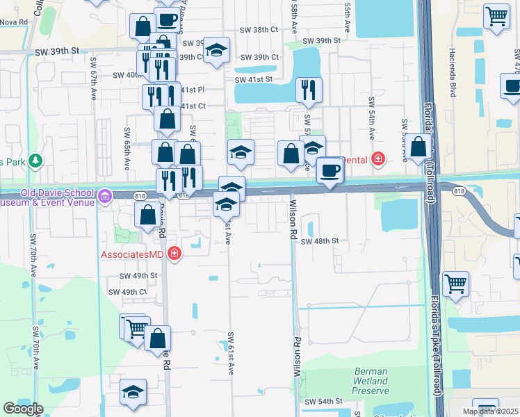 map of restaurants, bars, coffee shops, grocery stores, and more near 4670 Santa Cruz Way in Davie