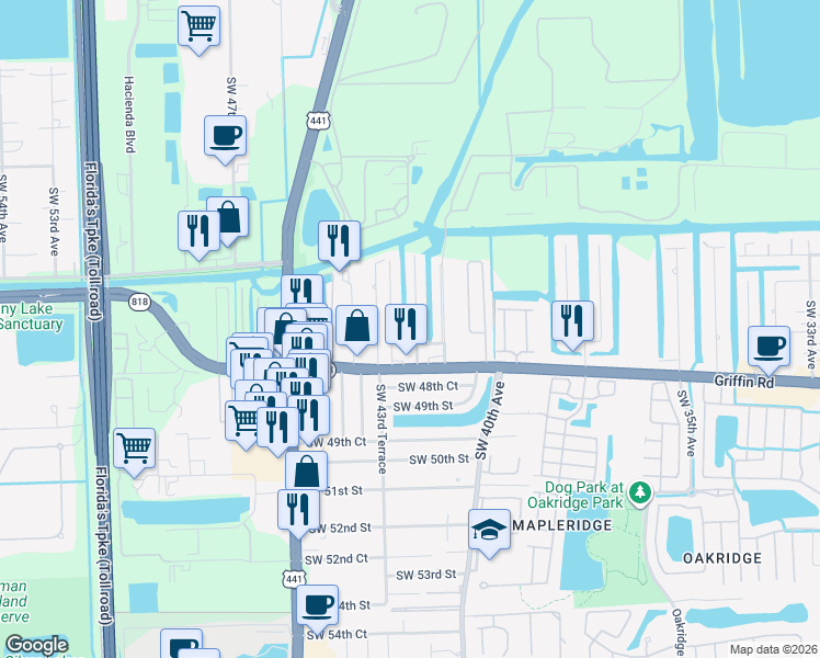 map of restaurants, bars, coffee shops, grocery stores, and more near 4720 Southwest 43rd Avenue in Fort Lauderdale