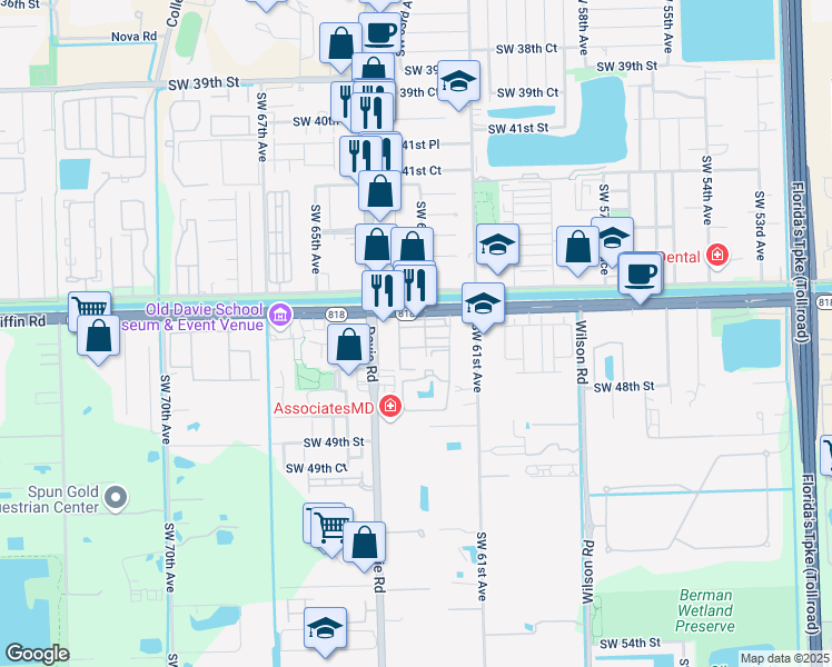 map of restaurants, bars, coffee shops, grocery stores, and more near 6325 Robert Lane in Davie
