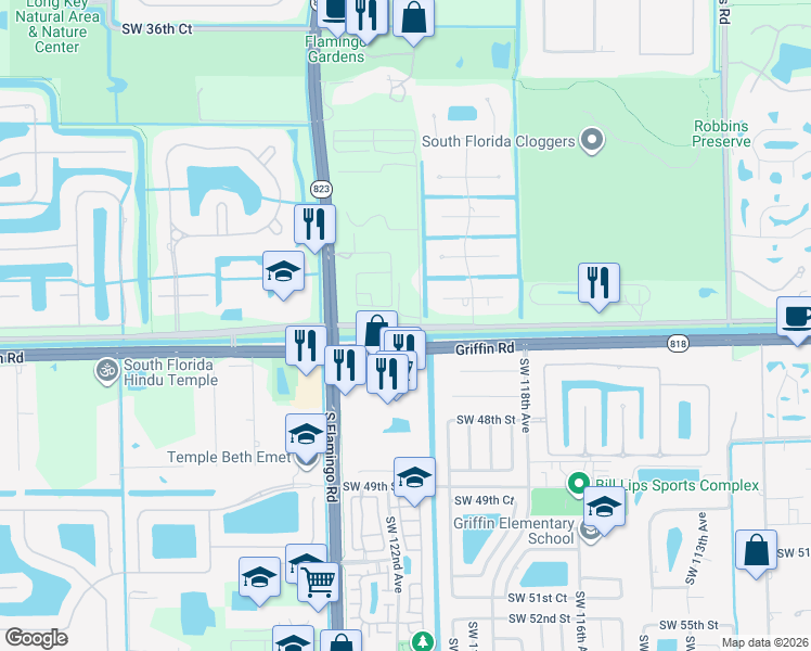 map of restaurants, bars, coffee shops, grocery stores, and more near 12067 Southwest 45th Street in Davie
