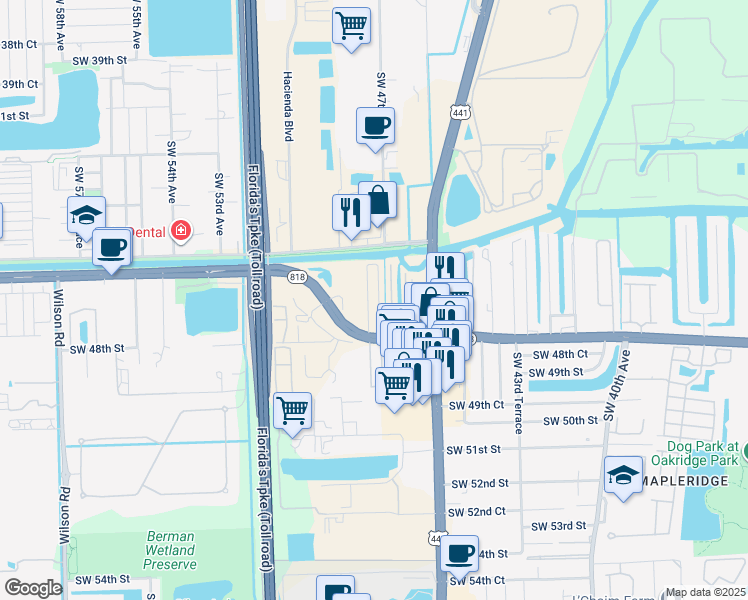 map of restaurants, bars, coffee shops, grocery stores, and more near 4661 Southwest 48th Avenue in Davie
