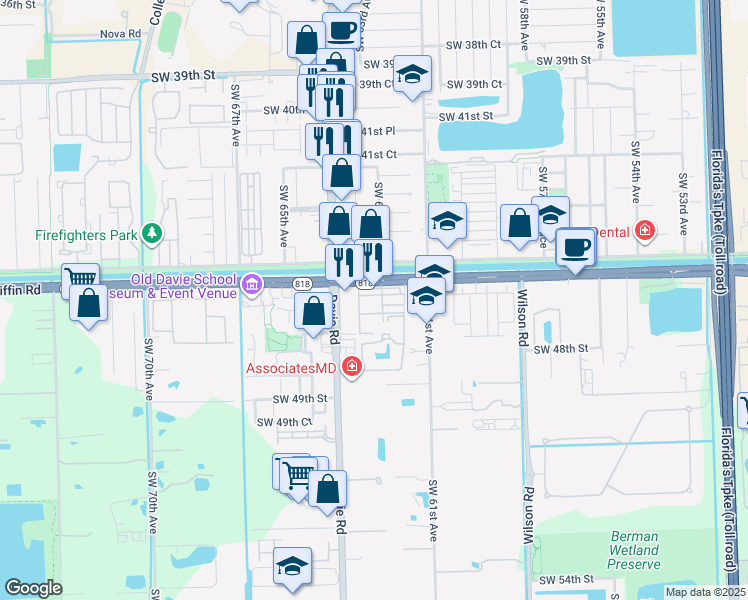 map of restaurants, bars, coffee shops, grocery stores, and more near 6325 Robert Lane in Davie