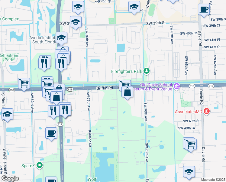 map of restaurants, bars, coffee shops, grocery stores, and more near 7290 Florida 818 in Davie