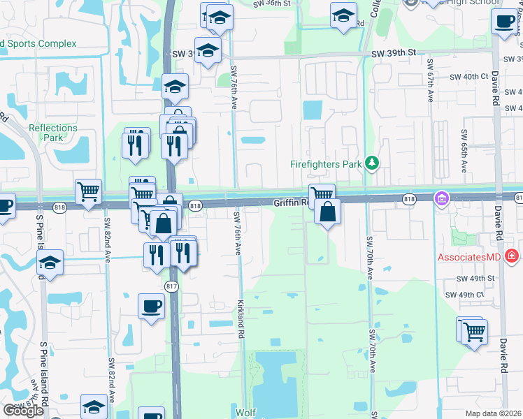 map of restaurants, bars, coffee shops, grocery stores, and more near 7432 Willow Grove Place in Davie