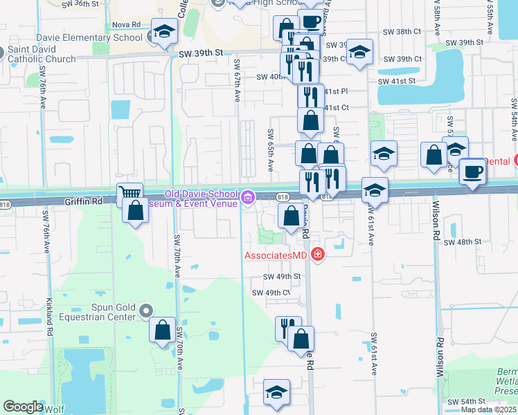 map of restaurants, bars, coffee shops, grocery stores, and more near 6590 Griffin Road in Davie