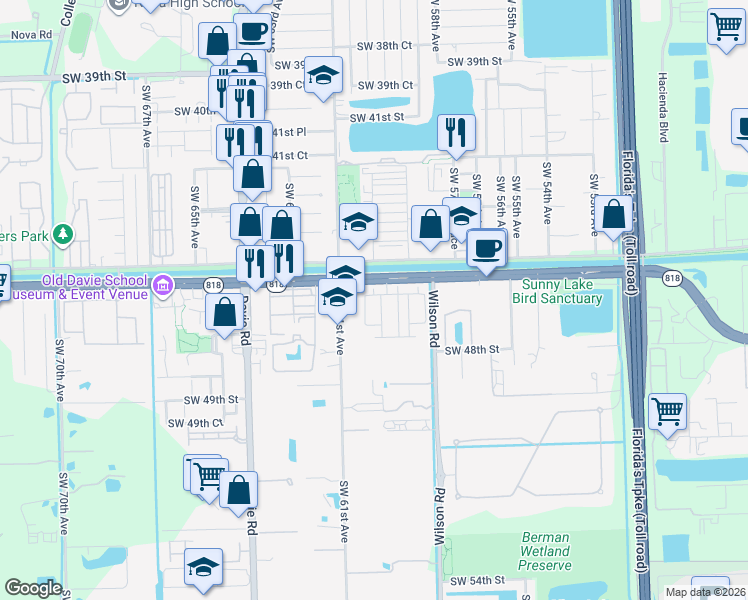 map of restaurants, bars, coffee shops, grocery stores, and more near 4670 Santa Cruz Way in Davie