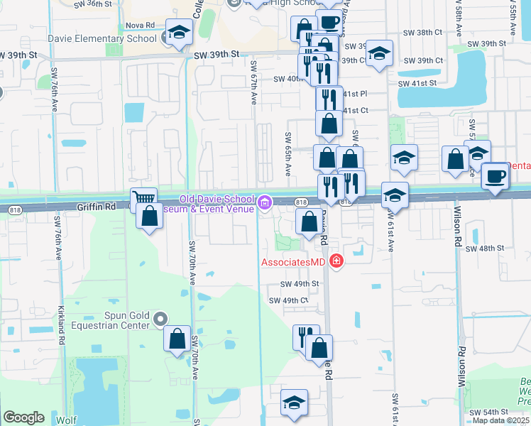 map of restaurants, bars, coffee shops, grocery stores, and more near 6650 Griffin Road in Davie