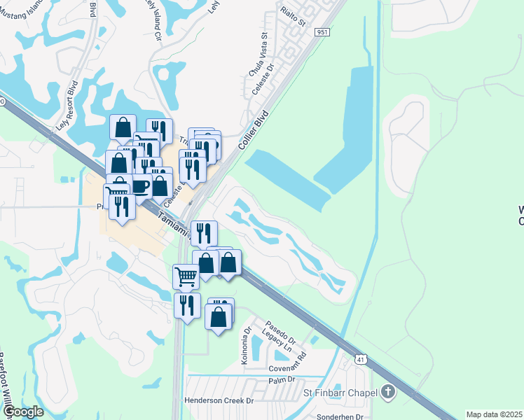 map of restaurants, bars, coffee shops, grocery stores, and more near 6620 Beach Resort Drive in Naples
