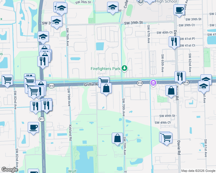 map of restaurants, bars, coffee shops, grocery stores, and more near 7250 Griffin Road in Davie