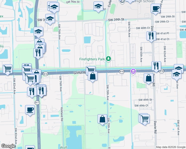 map of restaurants, bars, coffee shops, grocery stores, and more near 7250 Griffin Road in Davie