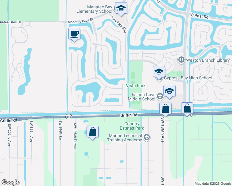 map of restaurants, bars, coffee shops, grocery stores, and more near 19136 Crystal Street in Weston