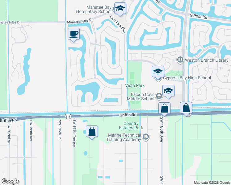 map of restaurants, bars, coffee shops, grocery stores, and more near 19136 Crystal Street in Weston