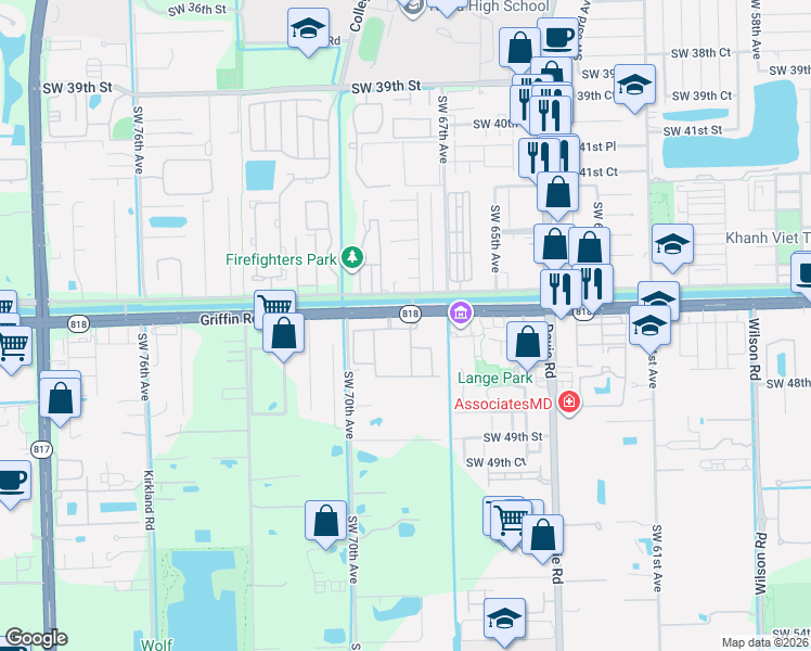 map of restaurants, bars, coffee shops, grocery stores, and more near 4671 Village Way in Davie